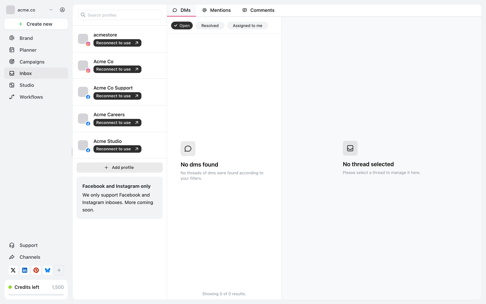 Inbox de Ocoya con las pestañas DMs, Mentions y Comments, los filtros Open, Resolved y Assigned to me, una lista de cinco perfiles de Facebook e Instagram, cada uno con un recuento de automatizaciones y un interruptor de filtro, y un panel que dice Facebook and Instagram only