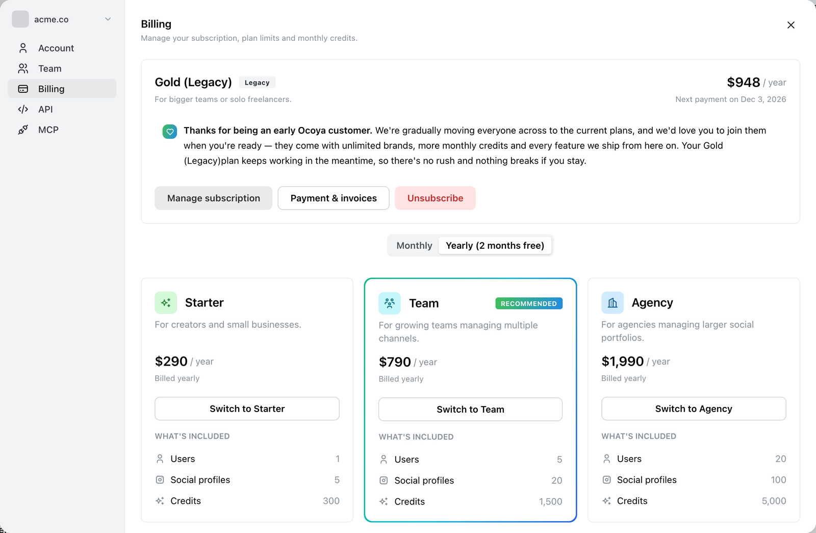 Ocoya billing settings showing Starter, Team and Agency plan cards with their yearly prices and a What's included list covering users, social profiles and credits