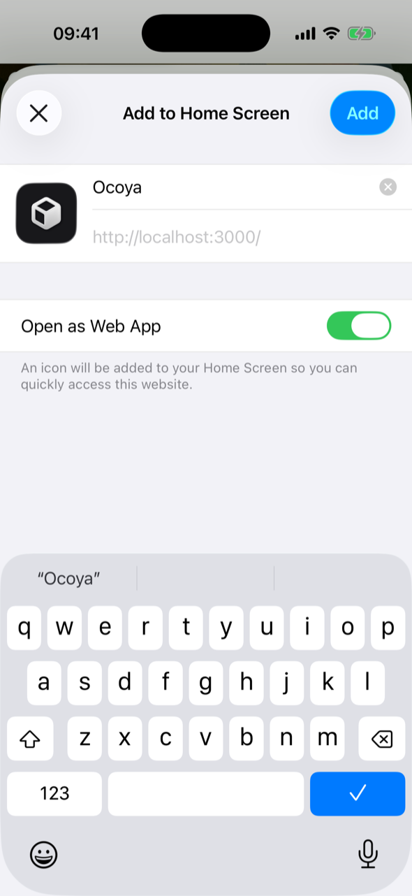 Das Sheet Add to Home Screen mit dem schwarzen Ocoya-Icon, dem Namen Ocoya und dem eingeschalteten Schalter Open as Web App sowie einer Schaltfläche Add oben rechts