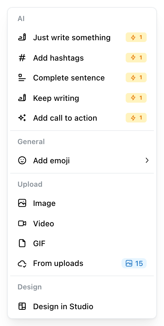 Das Block-Menü des Ocoya-Post-Editors mit einem Bereich AI, einem Bereich General mit Add emoji, einem Bereich Upload mit Image, Video, GIF und From uploads samt Zähler und einem Bereich Design mit Design in Studio