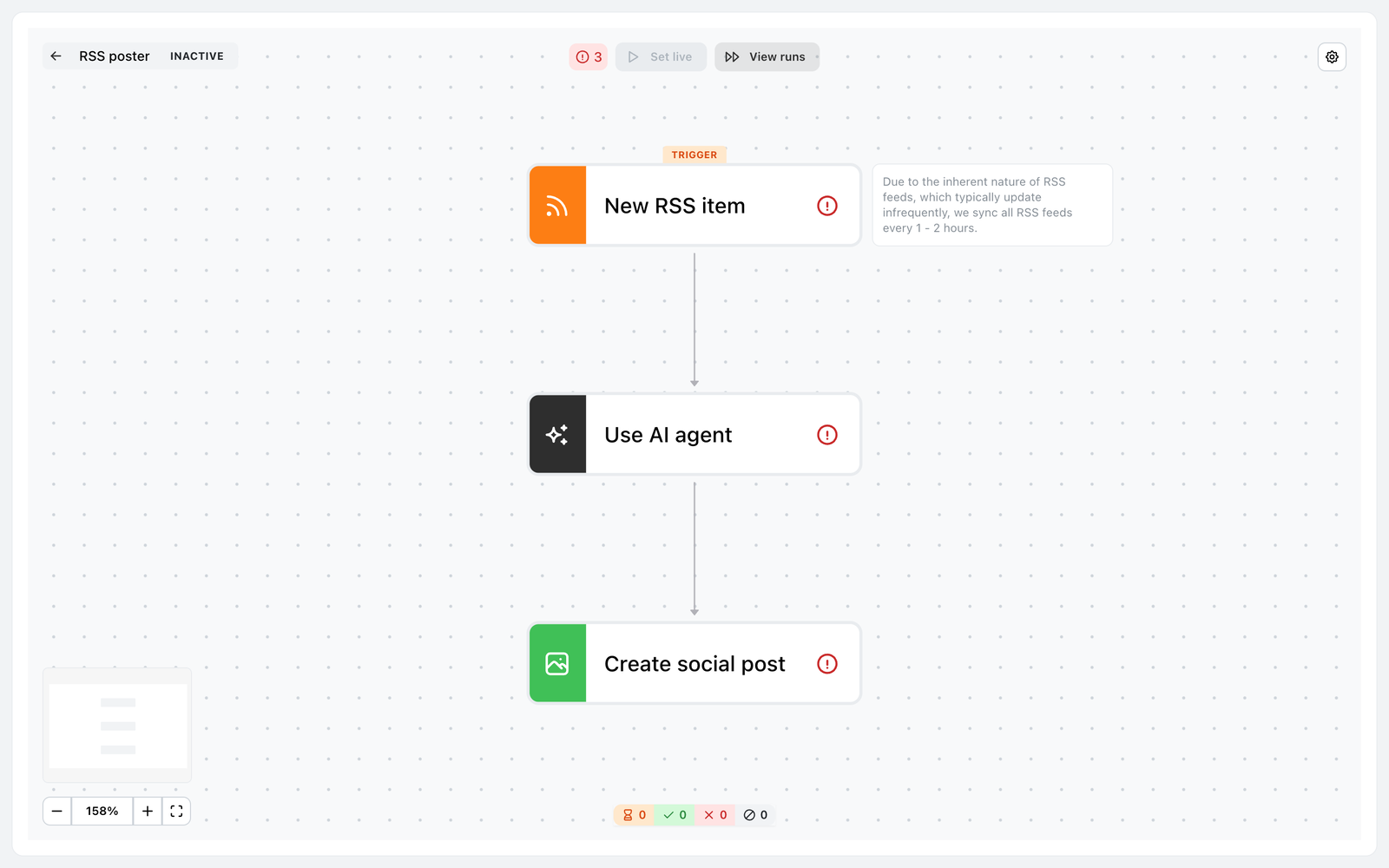 Der Ocoya-Workflow-Builder mit einem Workflow namens RSS poster, markiert als Inactive, mit einem Trigger New RSS item, gefolgt von den Schritten Use AI agent und Create social post, die jeweils eine rote Fehlermarkierung tragen