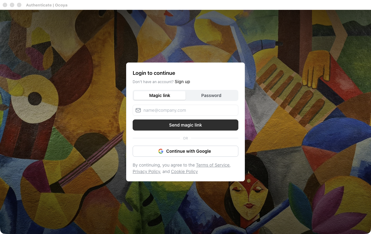 Ocoya in einem eigenen Desktop-Fenster mit dem Titel Authenticate | Ocoya, das die Anmeldekarte mit den Optionen Magic link und Password und einer Schaltfläche Continue with Google zeigt