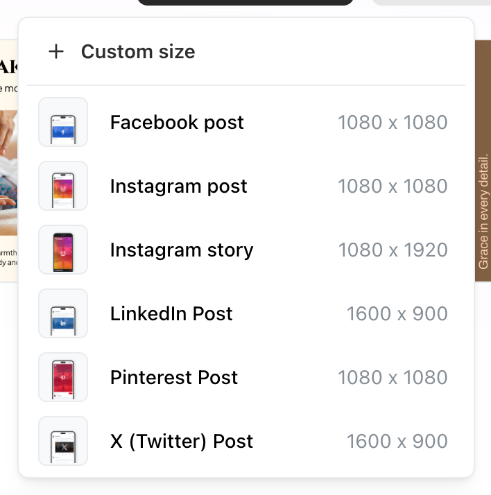 Menu New design w Studio z pozycją Custom size nad Facebook post 1080 x 1080, Instagram post 1080 x 1080, Instagram story 1080 x 1920, LinkedIn Post 1600 x 900, Pinterest Post 1080 x 1080 i X (Twitter) Post 1600 x 900