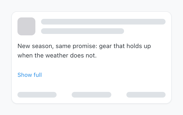 Una scheda di anteprima del post con dati profilo segnaposto sopra la didascalia New season, same promise: gear that holds up when the weather does not, con un link Show full sotto