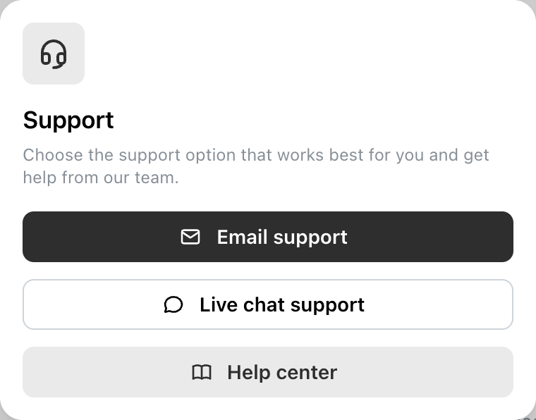 Ocoya Support langas su ausinių piktograma, tekstu Choose the support option that works best for you and get help from our team ir trimis mygtukais: Email support, Live chat support ir Help center