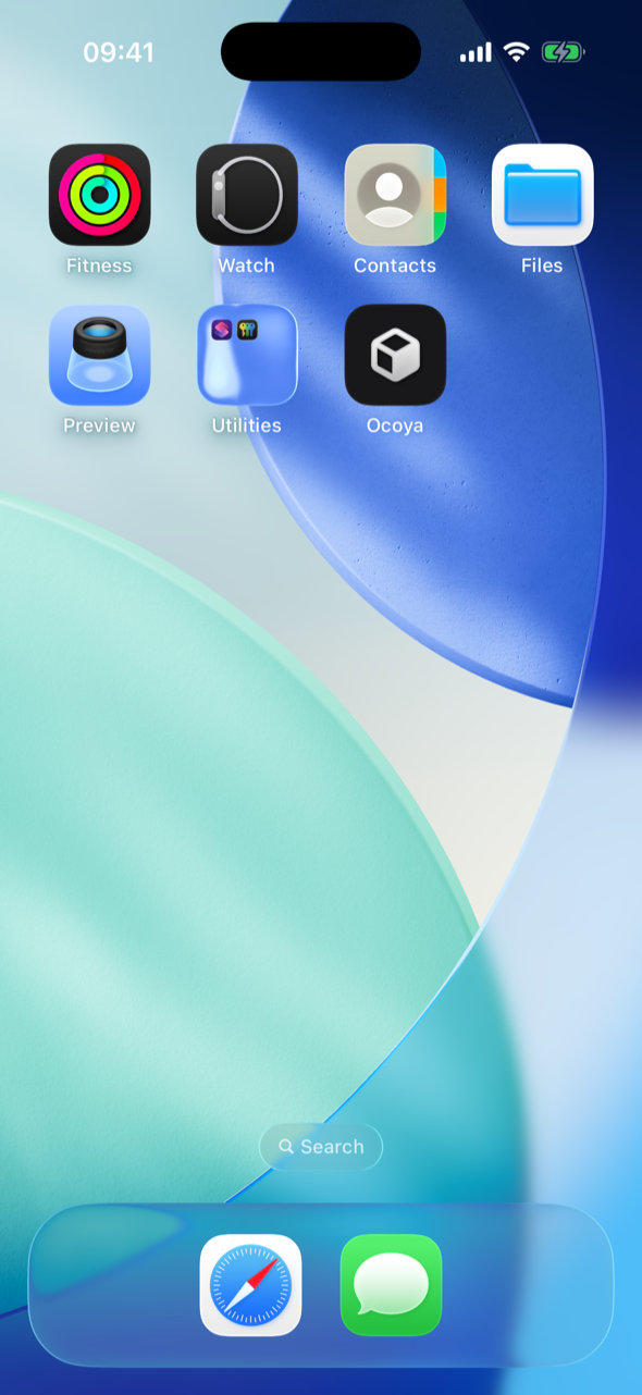 Ein iPhone-Home-Bildschirm mit dem schwarzen Ocoya-App-Icon in der zweiten Reihe