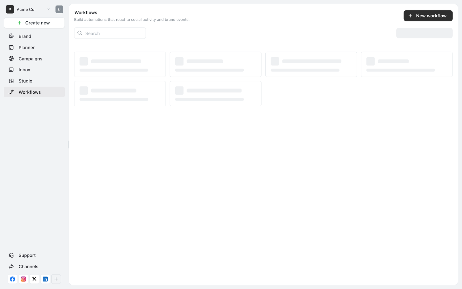 Ocoya Workflows page headed Build automations that react to social activity and brand events, with a New workflow button and two workflow cards each labelled Inactive