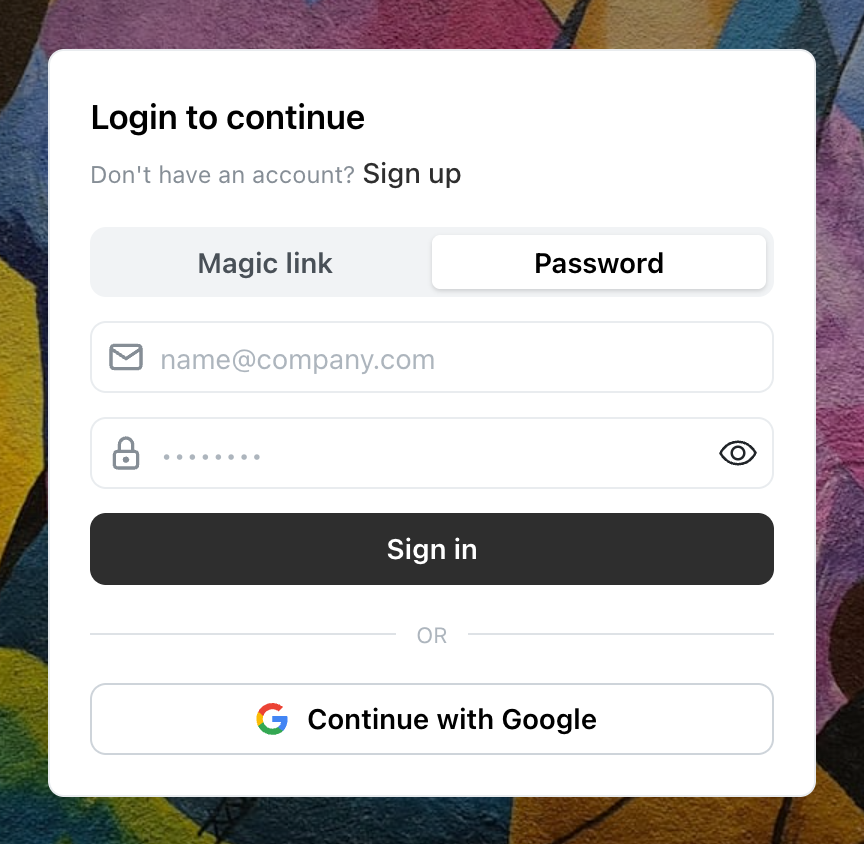 Ocoya-Anmeldekarte mit ausgewähltem Tab Password, einem E-Mail-Feld, einem verdeckten Passwortfeld mit Augen-Symbol zum Anzeigen des Passworts und einer Schaltfläche Sign in