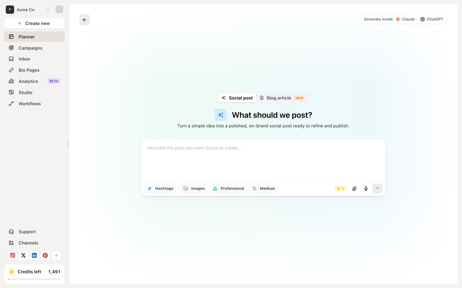 Ocoya-KI-Post-Composer mit einem Prompt-Feld mit dem Text Describe the post you want Ocoya to create sowie den Optionen Hashtags, Images, Professional und Medium