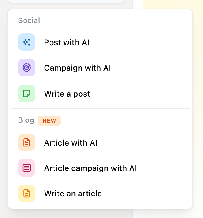 Ocoya meniu Create new su grupe Social – Post with AI, Campaign with AI, Write a post – ir grupe Blog su ženklu New – Article with AI, Article campaign with AI, Write an article