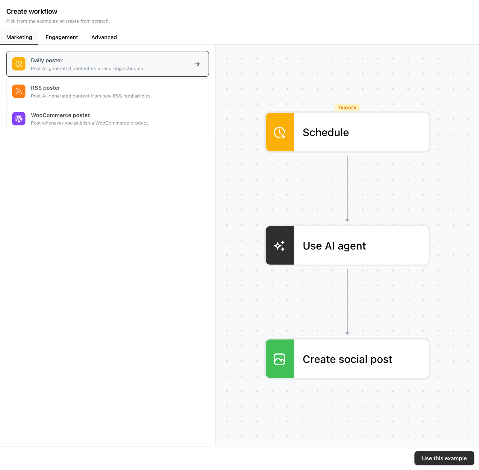 Panel Create workflow de Ocoya con las pestañas Marketing, Engagement y Advanced, los ejemplos de Marketing en una lista a la izquierda y una vista previa a la derecha en la que Schedule, con la etiqueta TRIGGER, lleva a Use AI agent y después a Create social post, con un botón Use this example