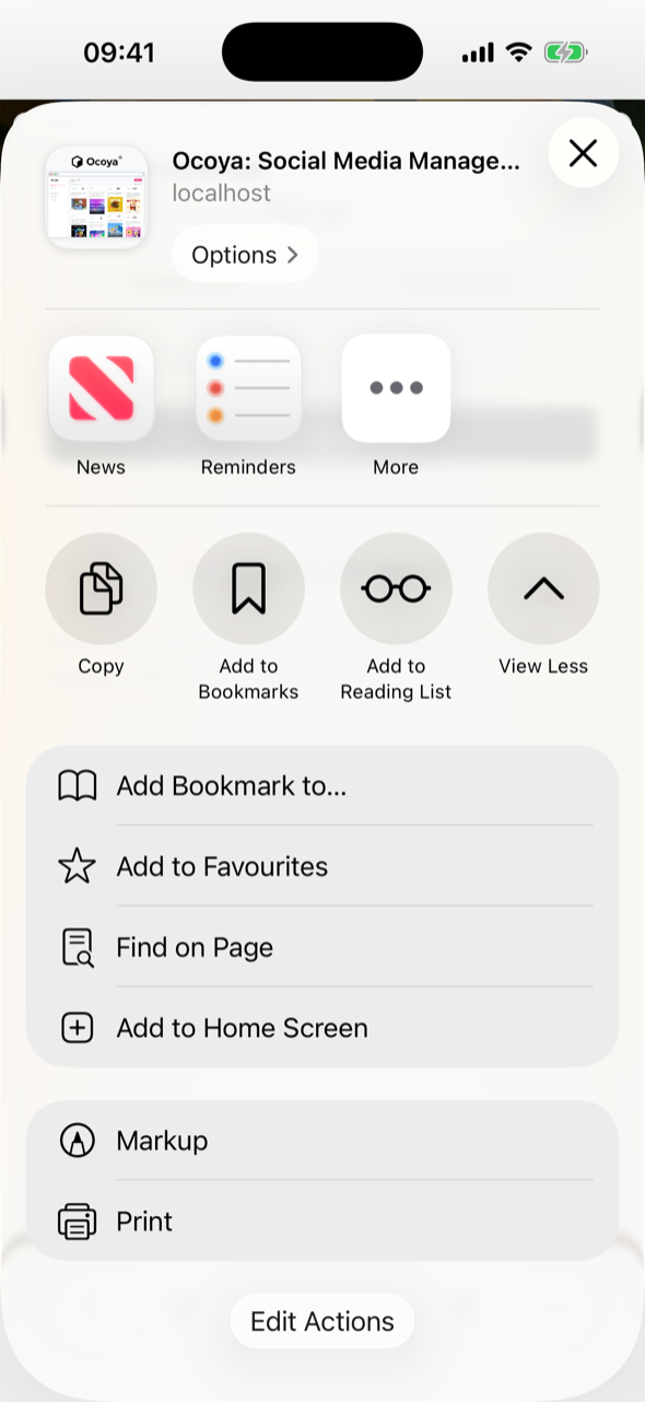 Das Share-Sheet des iPhones für Ocoya, erweitert, mit Add Bookmark to, Add to Favourites, Find on Page und Add to Home Screen