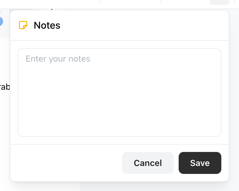 Das Notes-Popover im Ocoya-Post-Editor mit einem leeren Textfeld mit dem Hinweis Enter your notes sowie den Buttons Cancel und Save