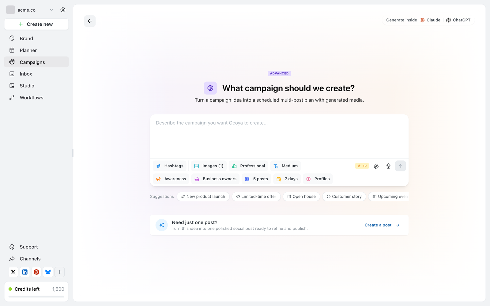 Ocoya campaign composer headed What campaign should we create, with a prompt field and a toolbar showing Hashtags, Images, Professional, Medium, Awareness, Business owners, 5 posts, 7 days and Profiles, a cost badge reading 10, and suggestion chips below