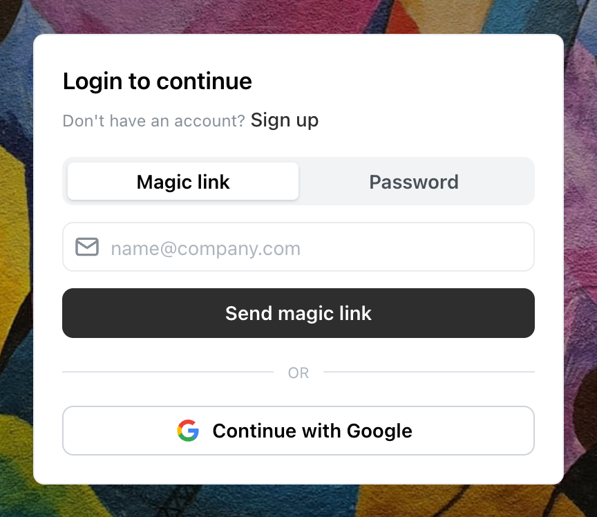 Ocoya-Anmeldekarte mit ausgewähltem Tab Magic link, einem E-Mail-Feld, einer Schaltfläche Send magic link und einer Schaltfläche Continue with Google