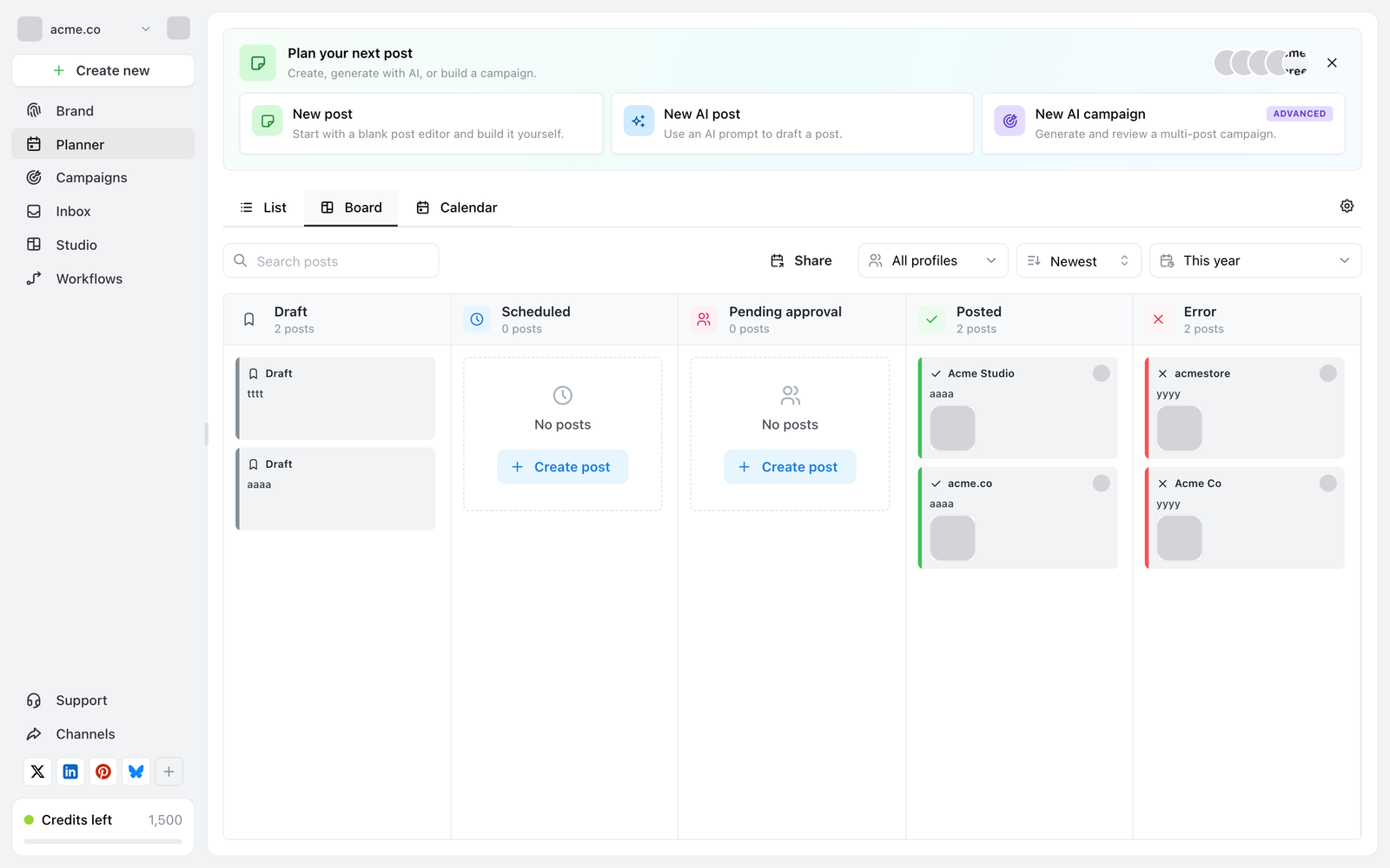 Ocoya Planner Board rodinyje su stulpeliais Draft, Scheduled, Pending approval, Posted ir Error, kiekvienas rodo įrašų skaičių, o tušti stulpeliai siūlo mygtuką Create post