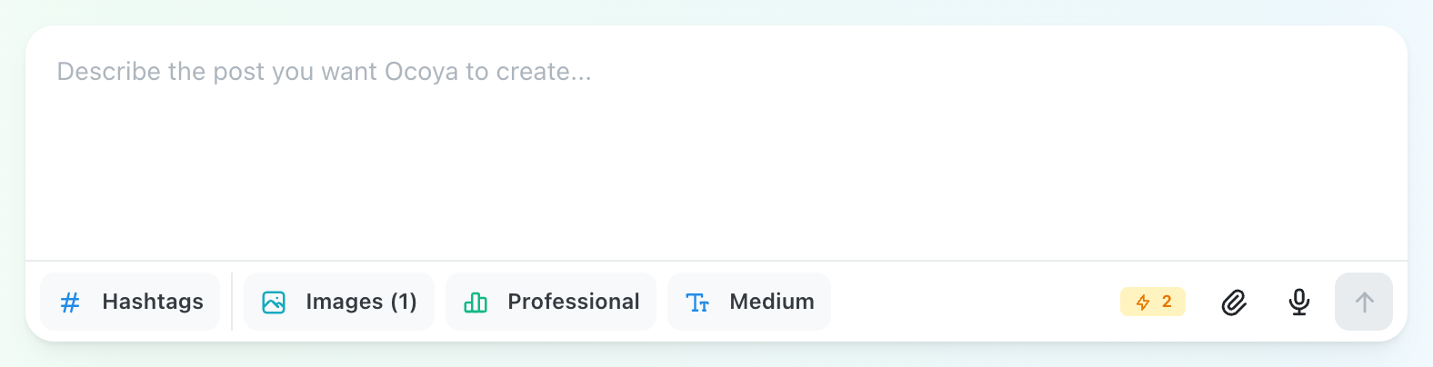 The same composer toolbar with the Images button now reading Images (1) and the cost badge showing 2 credits