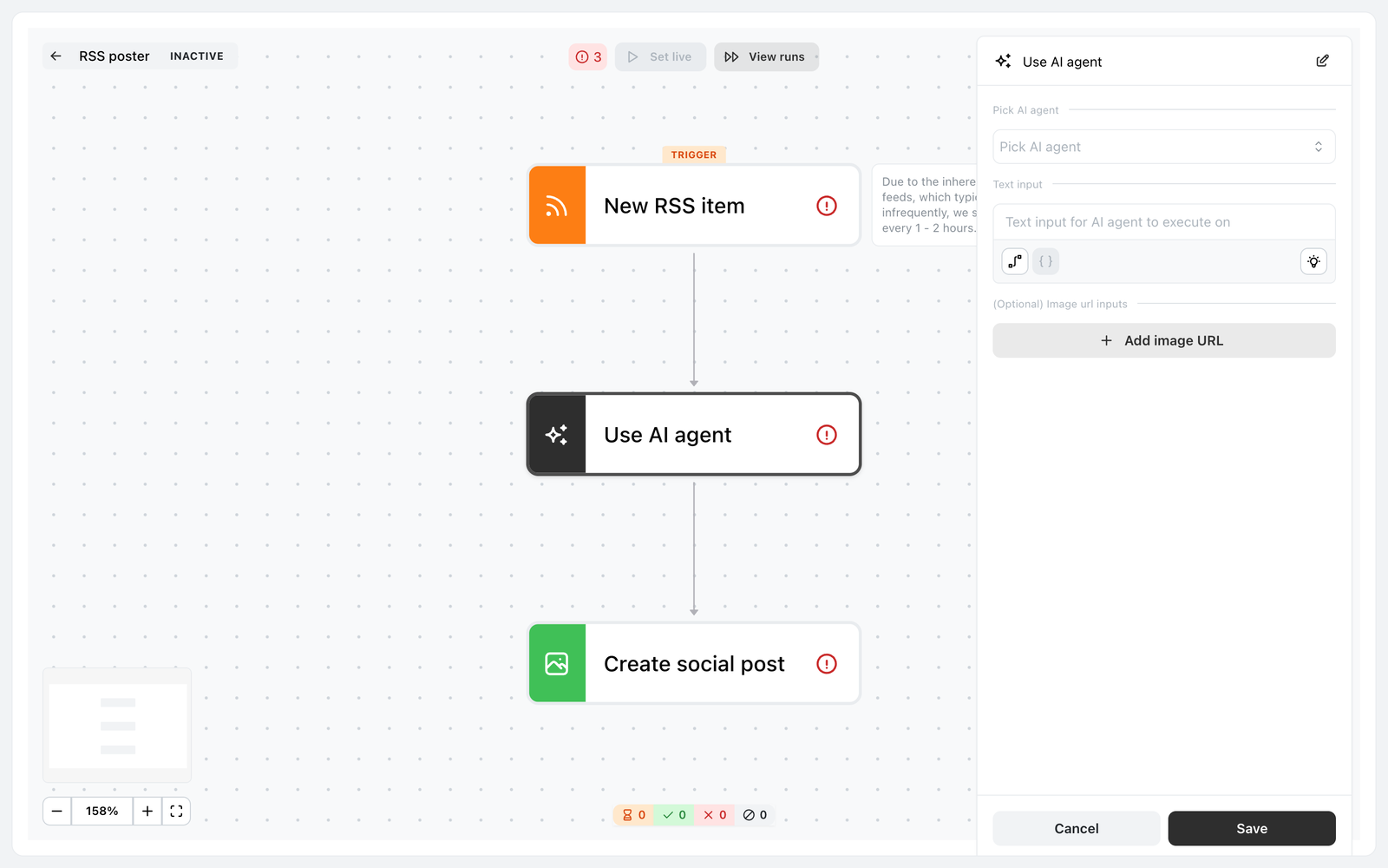 Il workflow builder di Ocoya con il passaggio Use AI agent selezionato, che mostra un pannello di configurazione con un menu a tendina Pick AI agent, un campo Text, un pulsante facoltativo Add image URL e i pulsanti Cancel e Save