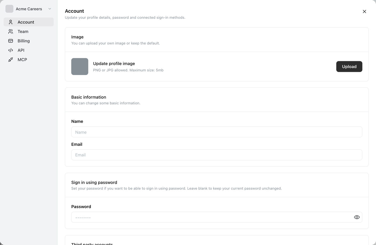 Ocoya-Kontoeinstellungen mit einem Bereich Image mit einer Schaltfläche Upload, einem Bereich Basic information mit den Feldern Name und Email, einem Bereich Sign in using password mit einem maskierten Passwortfeld und den Bereichen Account, Team, Billing, API und MCP links