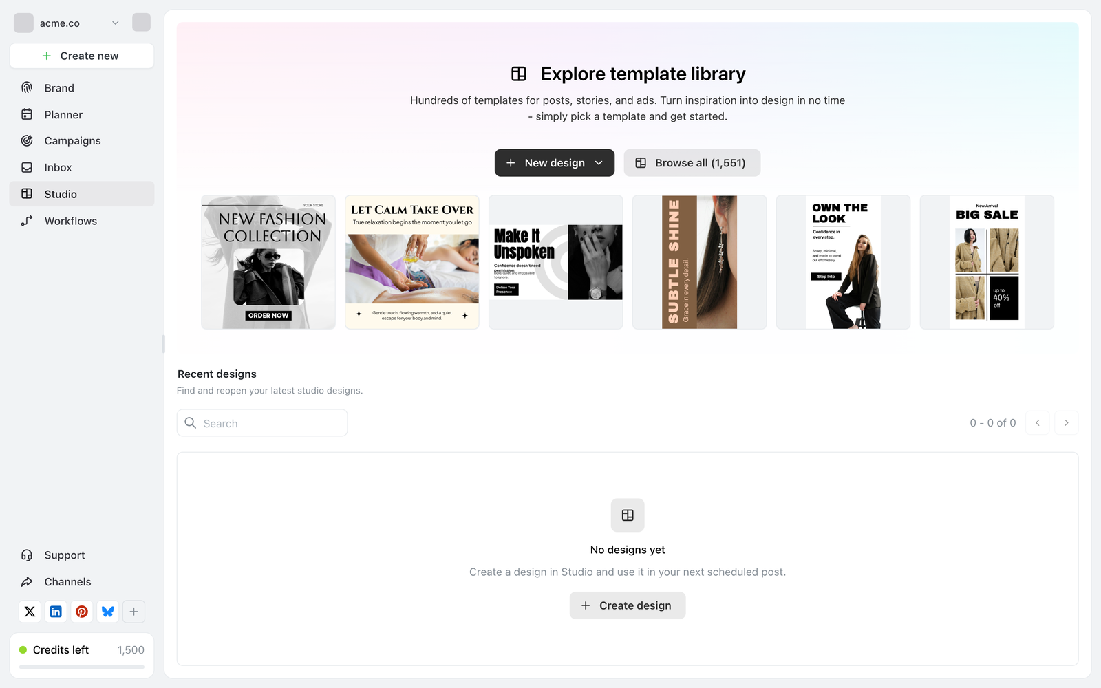Ocoya Studio mit einem Banner „Explore“ für die Vorlagenbibliothek mit den Buttons New design und Browse all, einer Reihe von sechs Vorlagen-Vorschaubildern für Mode- und Beauty-Posts und einem Bereich Recent designs mit dem Leerzustand „No designs yet“