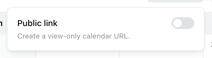 Menú Share de Ocoya con un encabezado Public link, la descripción Create a view-only calendar URL y un interruptor en posición desactivada